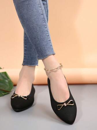 Women's Metal Buckle Decor Flat Knit Pointed Toe Classic Loafers, Elegant & Versatile Office/Outdoor Flat Shoes, 2025 New Arrivals