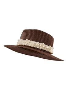 1pc Elegant Bohemian Solid Beaded & Pearl Decor UV Protection Round Top Straw Sun Hat, Fashion & Versatile For All Seasons - Straw Hat - View 14