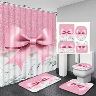 1/4pcs Decorative Mother's Day Pink Bow Waterproof Shower Curtain Set, Household Decoration For Spring/Fall Decor, Holiday Decor, Premium Bathroom Accessory, Waterproof, Machine Washable, 12 Hooks Included, Essential For Bathroom Decor, Bathtub Divider And Easy To Clean Design, Refreshing Bathroom Experience Bathroom Accessories Back To School