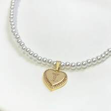 Mặt dây chuyền trang trí hình trái tim và ngọc trai giả Cubic Zirconia 26 chữ sang trọng, thích hợp cho tiệc tùng và đeo hàng ngày - Vàng - Xem 16