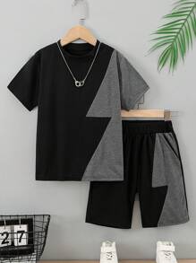 Tween Boy Casual Color Block Patchwork Short Sleeve Top And Shorts Set, Suitable For Summer - Black - View 1