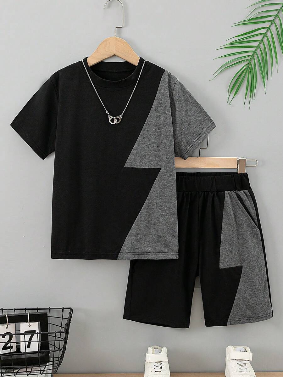 Tween Boy Casual Color Block Patchwork Short Sleeve Top And Shorts Set, Suitable For Summer - Black - View 1