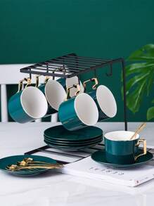 1 Set (1 Cup, 1 Saucer, 1 Spoon) / 1 Set Of 6 Cups, 6 Saucers, 6 Spoons (With Black Holder + Cherry Blossom Gold Spoon) Ceramic Coffee Cup, Saucer, Elegant Coffee & Dessert Plate, Classic Afternoon Tea Set, Creative Minimalist Afternoon Tea Cup, Coffee Cup Set, Solid Color Graceful Series, Espresso Cup With Handle, Mug, Milk Cup, Space-Saving Essential, Must-Have For Coffee Lovers, For Daily Home & Office Use, Family/School Supplies, Holiday Gift, Suitable For Home, Garden, Restaurant, Holiday Events - Dishwasher Friendly Back To School