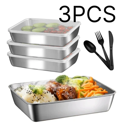 airskyce 3PCS不锈钢长方形收纳盒带盖，适用于冰箱厨房食物储存，野营食物包装防漏，适用于洗衣机清洗，微波炉加热