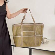 Bolsa de playa de lona de gran capacidad, versátil para ir al trabajo, bolsa de hombro de compras, ligera, bolsa de malla semitransparente hueca - Gris - Ver 5