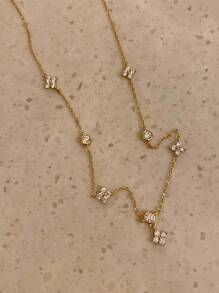 1 件女士项链，铜合金方晶锆石四叶草流苏吊坠项链，分层日常配饰礼物（吊坠数量随机）