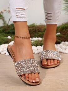 Women Outdoor Sports Sandals, Flat Beaded Faux Pearl & Rhinestone Strap Casual Beach Slippers, Solid Color - Brown - View 4