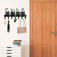 1 Stück Whimsycat schwarzer Eisen Wandhalter für Schlüssel mit 4 Katzen-Haken, Dekor im Art Déco-Stil mit Tiermotiv, ohne Strom, federlos, vielseitig einsetzbar für Wohnzimmer, Schlafzimmer, Büro