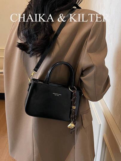 1 件 CHAIKA & KILTER 女士纯色 PU 皮革手提包，时尚方形手提包，双手柄，可调节和可拆卸肩带，拉链开合，适合日常使用、约会、通勤（含吊坠）