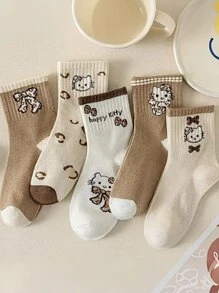 Sanrio 5 Pairs Sanrio Cute Kitty & Bow Design Mid-Calf Socks, All Season Wear