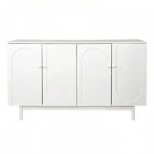 Stylish And Functional 4-Door Intaglio Storage Cabinet With Pine Legs, Solid Wood Pulls And MDF, For Living Room Bedroom,And Kitchen,White   WL