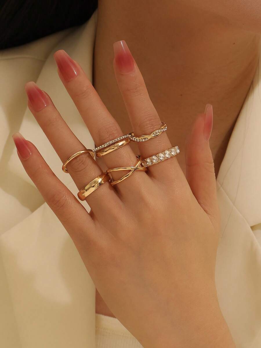 6 件金色百搭戒指，奢华水钻装饰指环，女士珠宝 - 金黃色 - 查看 1