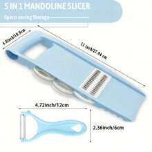 五合一蔬菜切片器套装，多功能水果切片器，手动食物切丝器，蔬菜刨丝器，土豆刨丝器，家用土豆刨丝器，多功能蔬菜切片切丝器套装，带可互换刀片，手持式曼陀林厨房工具，可用于土豆、胡萝卜、黄瓜刨丝和切华夫饼，包含削皮器 - 藍色 - 查看 4