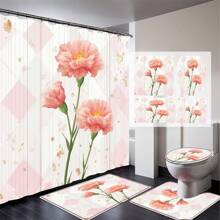 Juego de 1/4 cortinas de ducha para el Día de la Madre, con flores brillantes, para el Día del Presidente, lluvia de primavera, impermeables, estampados con estilo y funcionales, para decoración del hogar, para cada baño, ducha y bañera, con 12 ganchos y tapete de baño lavable a máquina, multiestilo