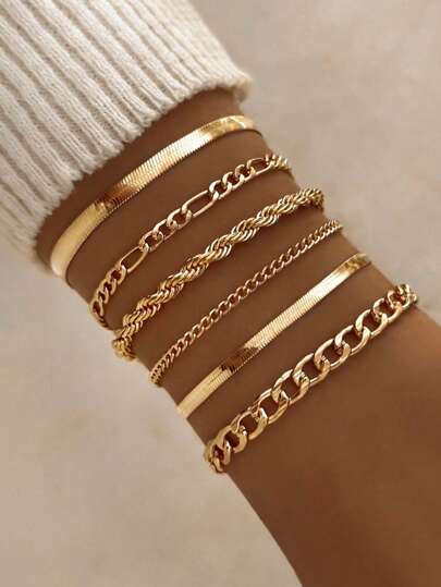 6 قطع مجموعة أساور سلسلة بطراز بانك عصري بألوان باردة، مناسبة للارتداء اليومي للنساء