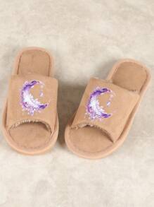 女士露趾拖鞋，室内卧室拖鞋，带记忆泡沫和柔软毛皮，可爱卡通印花系带拖鞋，适合春季、夏季、秋季、冬季 - 鑽石月亮 - 查看 2