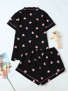 Women's Heart Print Bubble Crinkle Short Sleeve Shorts Pajama Set