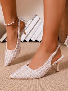 Women Open Back Kitten Heels Pumps, Solid Color Pointed Toe Slingback Pumps With Elastic Band - Apricot - View 3