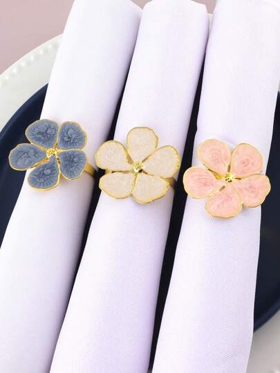 6pcs Floral Napkin Rings, Suitable For Wedding Party, Valentine's Day Banquet Table Decor, Delicate 5-Petal Flower Napkin Holders