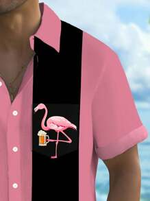 Plus Size Men's Hawaiian Striped Flamingo Beer Print Button Down Pocket Short Sleeve Aloha Shirt - Pink - View 4