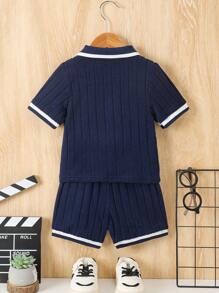 2pcs/Set Toddler Boys Polo Collar Button Color Block Rib Knit Short Sleeve Top + Casual Shorts Preppy Outfit - Blue - View 2