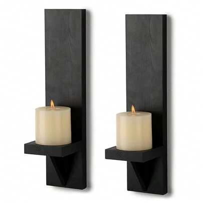 1/2pcs Rustic Wooden Wall Candle Sconce, Farmhouse Style Wall Mounted Pillar Candle Holder, Black Farmhouse Wall Candle Sconce, Vintage Wall Candle Holder For Living Room Decor, Wedding Wall Decor Shelf, Crystal Display Rack, Autumn Decor Shelf For Home, Bedroom, Living Room, Kitchen, Bathroom, Suitable For Christmas, Halloween Wall Decor