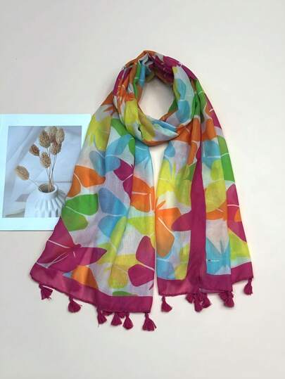 New Fashionable Bohemian Scarf, Breathable Stylish Animal Butterfly Print Tassel Shawl, Elegant Design, Women's Sunscreen Holiday Travel Scarf