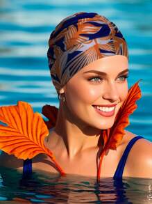 Gorro de natación de tela no impermeable, alta elasticidad, sin presión en la cabeza, con estampado de hojas de moda, talla grande adecuado para cabello largo y circunferencia de cabeza grande