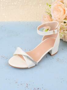 年轻女孩时尚白色礼服搭配踝带公主凉鞋，适合婚礼、派对、花童，露趾，粗跟，轻便舒适的高跟凉鞋，适合幼儿、小孩子、大孩子 - 白色 - 查看 2