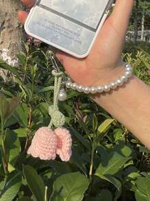 1 件创意手工钩针花朵设计背包/书包饰品、珍珠手链钥匙扣、女士小礼物