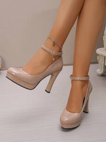 New High Heel Platform Low Vamp Commuter Pumps, Round Toe Comfortable Thick Heel Strap Buckle Plus Size Women High Heels - Beige - View 4