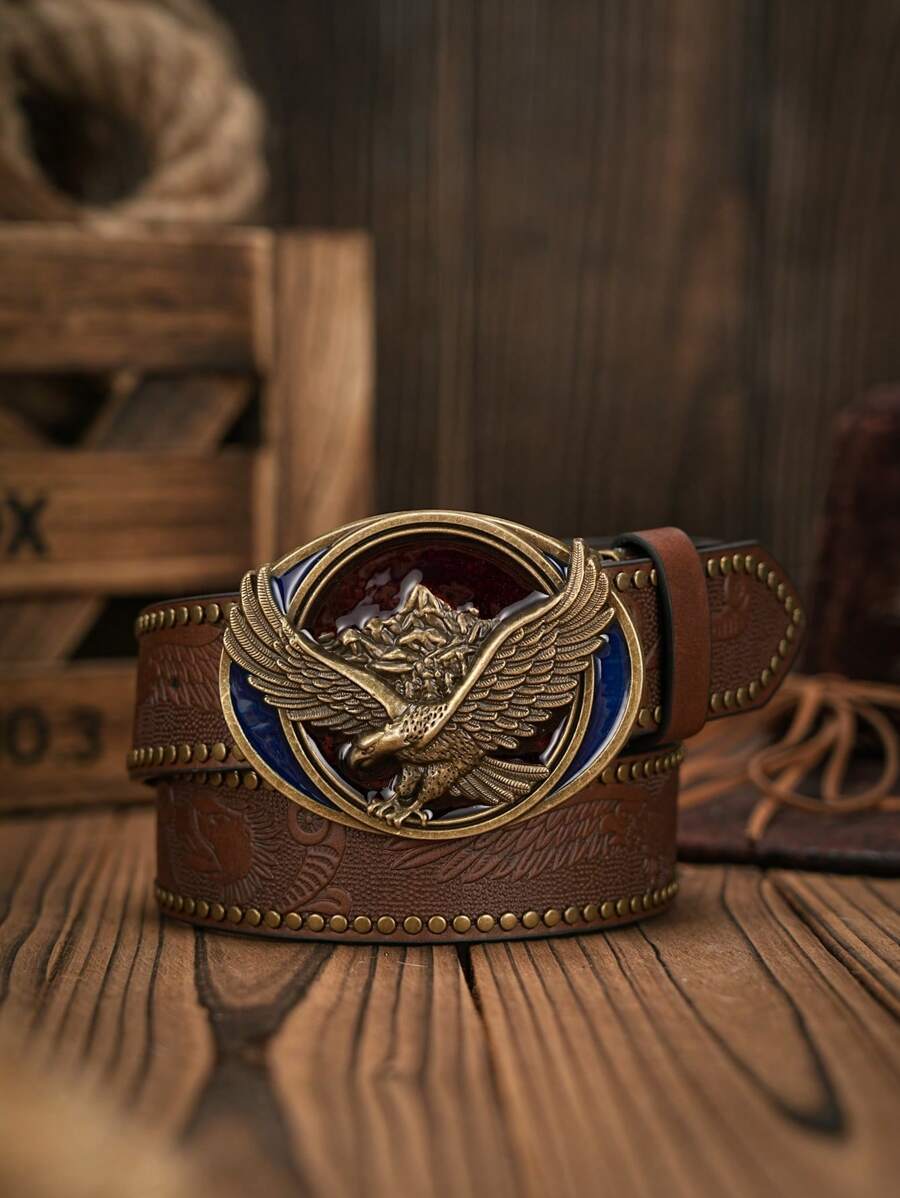 1 条男士波西米亚西部牛仔鹰扣复古深棕色 PU 皮带