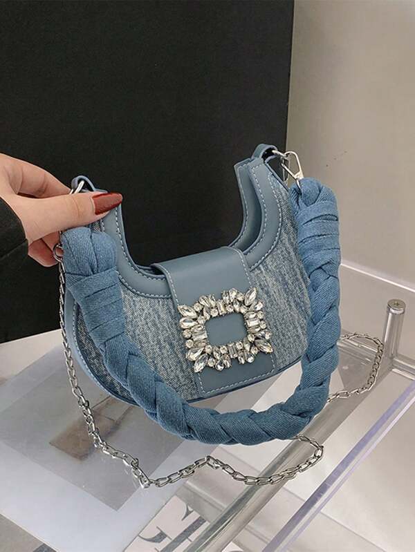 Mini Solid Color Denim Shoulder Bag, Fashionable Rhinestone Underarm Bag, Crossbody Bag For Women