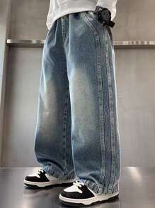 Jeans coupe droite pour garçons adolescents, pantalon en jean décontracté bleu pour garçons adolescents au printemps et en automne
