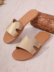 Women's Gold Flat Sandals, Classic H Design Open Toe Hollow Out Slip On Shoes For Casual Vacation Beach - Gold - View 5