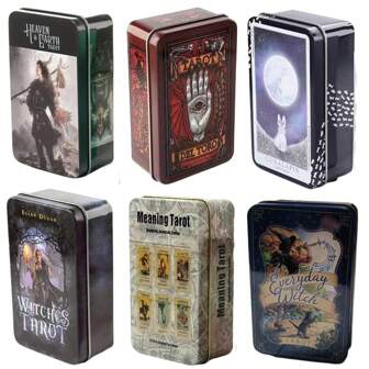 78 张卡牌镀金边缘指南套装，塔罗牌镀金边缘塔罗牌和锡盒，用于算命和游戏。78 张卡牌和指南书装在金属盒中，预测您的未来，算命游戏占卜工具