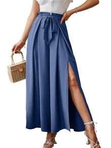 女士休闲阔腿裤，蝴蝶结腰褶设计，宽松休闲喇叭裤度假优雅休闲裤 - 藍色 - 查看 2