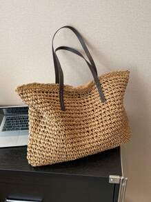 1 Pc New And Casual Summer Vacation Style With A Large Capacity Foldable Solid Color Woven Tote Bag For Women's Beach Bags Suitable For Outdoor Leisure Vacation&Seaside Travel&Tourism And Shopping - Khaki - View 10