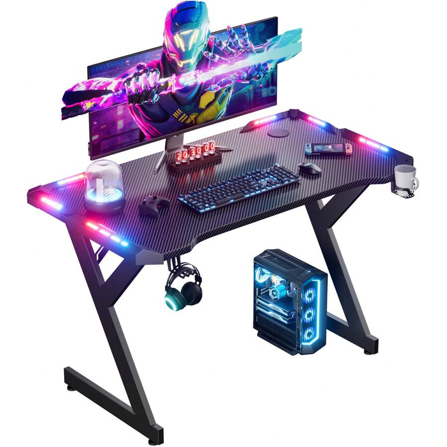 HLONONE Gaming Desk With LED Lighting, 100 X 55 Cm, Sturdy Computer Desk With Carbon Fiber Coating, Gamer Table With Cup Holder And Headphone Hook, Black - 黑色 - 查看 1
