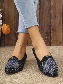 Giày lười đế xuồng đế xuồng thời trang thoải mái mũi tròn họa tiết hoa hồng đính đá Rhinestone, đa năng cho mọi mùa - màu đen - Xem 5