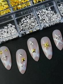 1Box 12 Grid Sparkling Golden Silver Star Nail Rivet Studs - 3D Starlight Butterfly Flower Moon Alloy Metal Nail Supplies Nail Charms For Nails Nail Gems