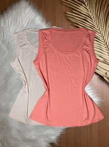 Kit With 2 Women's Tank Tops In Plain Vicolycra Mesh, Closed, Thick Straps On - Rosa B. and Salmon - View 1