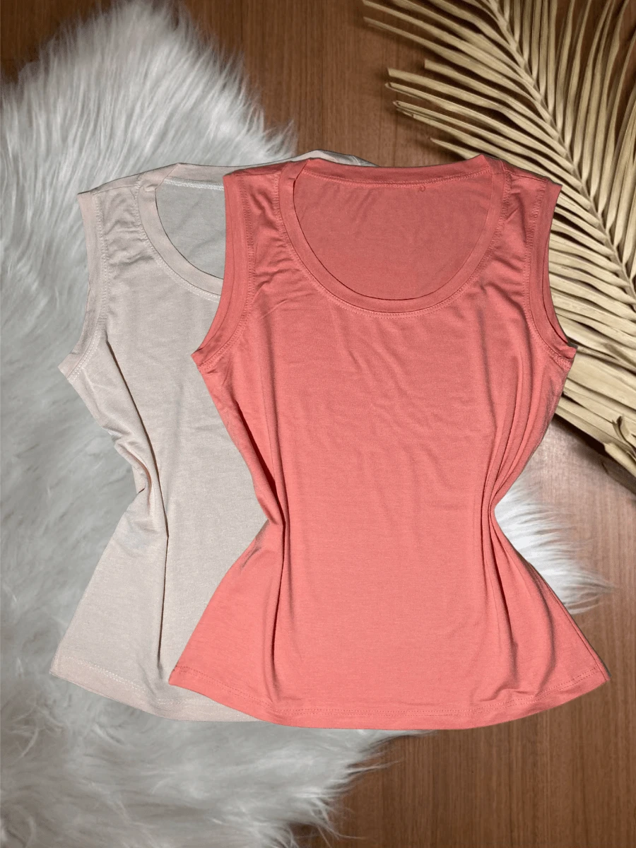 Kit With 2 Women's Tank Tops In Plain Vicolycra Mesh, Closed, Thick Straps On - Rosa B. and Salmon - View 1