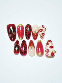 10 件/套杏仁形全覆盖指甲贴，勃艮第豹纹唇印复制樱桃设计按压式指甲美甲用品指甲 - 玫瑰紅 - 查看 3