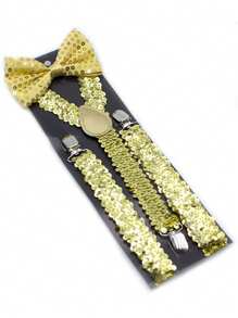 2 件亮片吊带和蝴蝶结套装，男女通用青少年款，纯色，Y 型背带和蝴蝶结套装