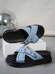 Sandales décontractées à rivets mode été pour femmes, sandales en cuir style punk déchiré cool avec boucle, tongs à semelle épaisse bleue, sandales de plage pour dames, sandales à talons hauts pour vacances femmes, indispensables de voyage - Bleu azur - Voir 3
