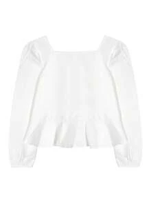 2025 春季新款时尚女式优雅少女泡泡袖方领衬衫设计，带荷叶边和蝴蝶结 - 白色 - 查看 9