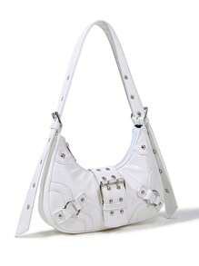Damska torba na ramię w stylu koreańskim, biała, ze skóry PU, punkrockowo-gotycka metalowa klamra, odpowiednia dla studentów, dojazdów do pracy, prezentów na Halloween