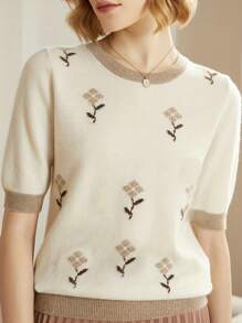 Áo chui đầu cổ tròn tay ngắn thêu jacquard mới cho mùa xuân/hè dành cho nữ - Màu be - Xem 4