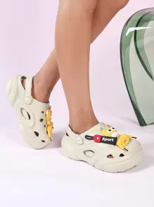 New Summer Fashion Women Cute Perforated Sandals With Cartoon Pendant, Round Toe Thick Bottom Breathable Slippers, Suitable For Outdoor Vacation Beach Wear, Khaki - Khaki - View 1